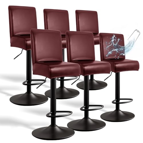 Image of PU Leather Bar Stool Covers with Backs, 6 Pack Stretch Waterproof Bar Stool Chair Covers Washable & Comfortable Barstool Covers Slipcovers with Back for Pub /Counter /Dining Room Decoration (Red)