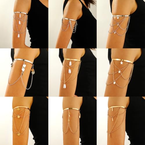 CJIAYUJEW Minimalist Gold Arm Cuff for Women - Layered Tassels Heart Rhinestone Pearl Bracelet Stackable Arm Bangle Jewelry4