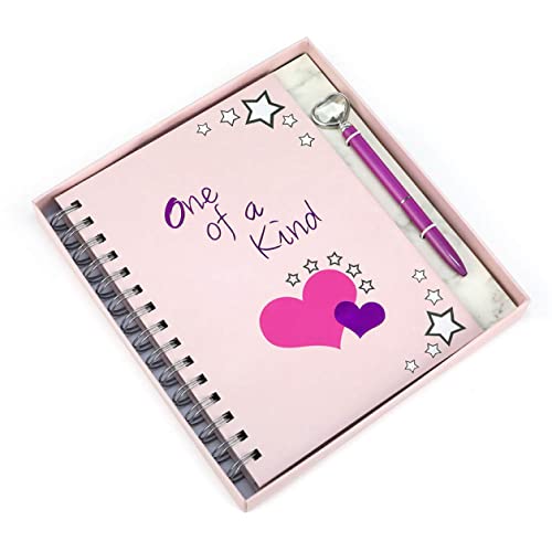 ‘One of a Kind’ Notebook and Pen Gift Set for Women or Girls l Pink Spiral Journal Notebook Diary with Heart Pen in a Gift Box with Bow l Hard Cover, Blank Pages