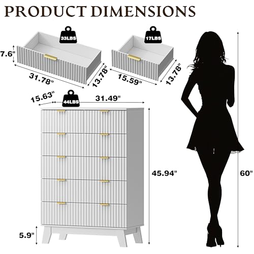 Image of BORNOON 46 inch Tall Dresser for Bedroom, 6-Drawer Fluted Chest of Drawers, Modern Wood Highboy with Deep Storage, Metal Slides and Handles, Anti-Tip Kit, Vertical Clothes Organizer for Apartment, Nursery