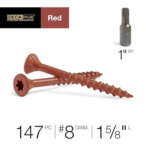 Image of Deck Plus 1-5 /8 Inch Epoxy Coated Exterior Wood and Fence Screws #8 x 1-5 /8 inch Torx /Star Drive Included Coarse Thread, Outdoor Rust Resistant Decking Screw, Red, 1lb Box, 147 Pieces | 48425