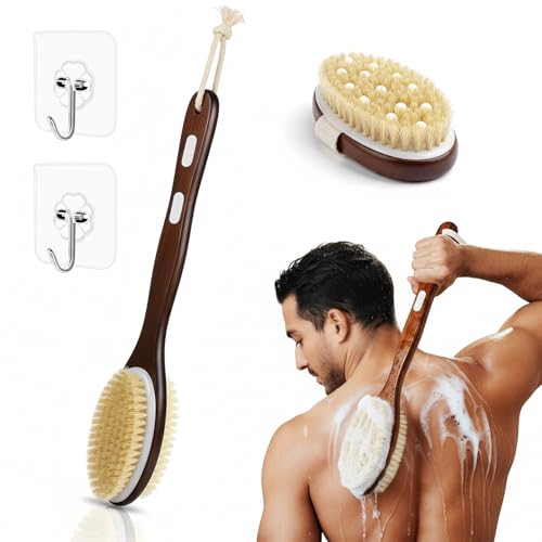 Paquete de 2 cepillos de espalda de mango largo - Cepillo exfoliante para el cuerpo - Cerdas de jabalí naturales - Cepillo de baño y ducha de doble cara para eliminar la piel muerta - Masaje de