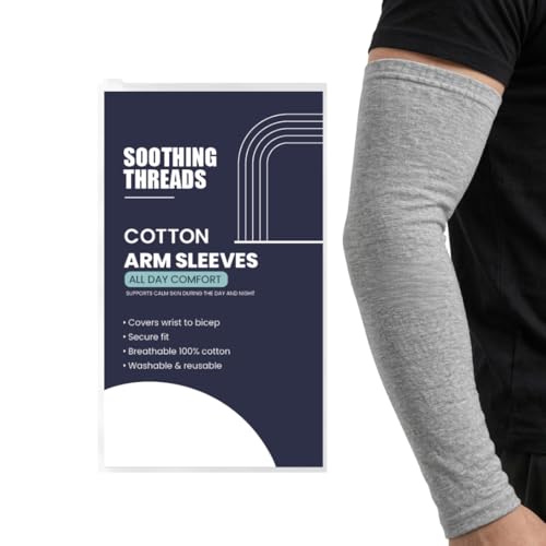 SoothingThreads 100% Organic Cotton Protective Arm Sleeves for Adults Anti-Scratch All-Day Wear Elbow Sleeves with Secure Fit Reusable & Washable 1 Pair S/M/L (Gray Large)