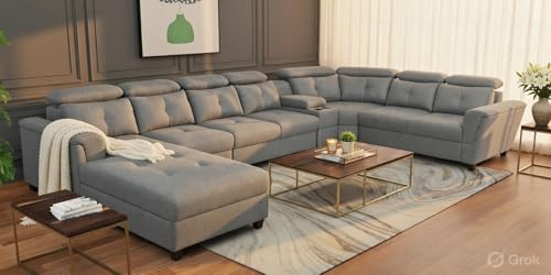 Image of Mishel 12 Seater Sofa Set for Living Room | Sectional U Shaped 12 Seater Sofa with Storage & Cupholder (Light Grey Fabric, LHS)