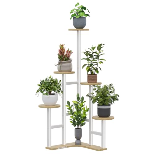 Image of Yzosvki Corner Plant Stand Indoor 6 Tiered Corner Plant Shelf | Flower Stand for Multiple Plants, Plant Shelves Organizer Rack for Living Room, Balcony, Patio, Garden, White Oak