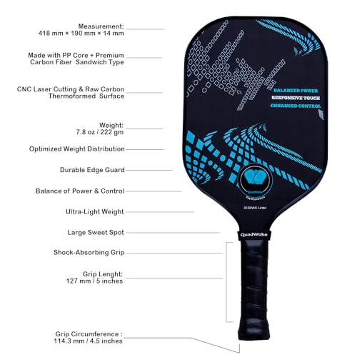 Image of RAW Carbon Fibre | Thermoformed Pickleball Paddle | Carbon Friction Surface | Comfort Grip Handle Racket | Pickle Ball Racket | Blue
