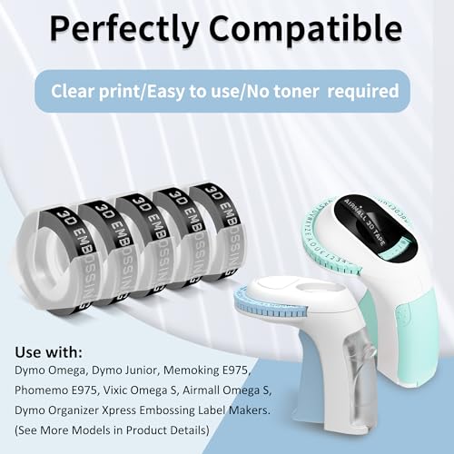 Prägegerät Etiketten kompatibel mit Dymo Prägeband 9mm Schwarz, kompatibel mit Selbstklebendes Dymo Omega Etikettenband Schwarz, für 3D Schriftbänder für Omega Junior Prägegerät, 5 Rollen