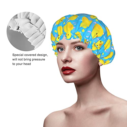Image of Yellow Rubber Ducks Shower Cap For Women Adjustable Double Waterproof Layers Bathing Shower Hat Hair Protection Reusable Ladies Spa Salon Shower Hat