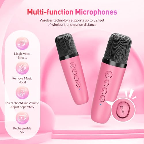 Image of Mini Karaoke Machine with 2 Wireless Microphones for Kids Adults,Portable Bluetooth Karaoke Speaker with Party Lights,Christmas Birthday Gifts for Girls Ages 4, 5, 6,7, 8, 9, 10,12+ Family Home Party
