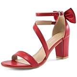 Reimferce Chunky Heels for Women Wedding: Red 8 Comfortable Ladies Bow Heel Sandals for Prom Party - Bridal Dressy Walking Shoes