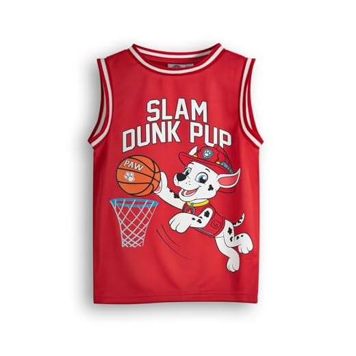 Camiseta de baloncesto Paw Patrol Niños Marshall | Top deportivo para niños Slam Dunk Pup en rojo | Ropa deportiva gráfica Fireman Dalmatian Pup | Regalo de ropa de merchandising de dibujos para niños