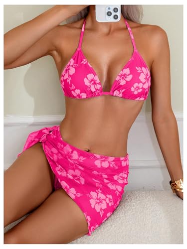 Floerns Women's 3 Piece Swimsuits Floral Triangle Bikini Set with Beach Cover Up Skirt2