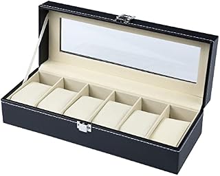 OSVINO Leather Watch Box 6 Slots Watch Case Luxury Jewelry Display Case Watch Storage Organizer Jewelry Collection with Glass Lid