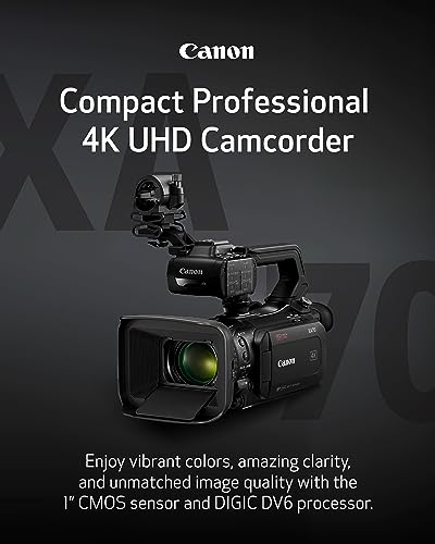 Image of Canon XA70 Pro Camcorder 1 inch 4K UHD CMOS Sensor, Dual-Pixel CMOS AF, 15x Optical Zoom, 600x Digital Zoom, Image Stabilization, HDMI, USB Live Streaming, Time Stamp On-Screen Disp. Recording, XLR inputs | 1.0 Type CMOS Sensor, 4K UHD Recording, 15x Optical Zoom, Up to 600x Digital Zoom, 5-Axis Dynamic Is Image Stabilization