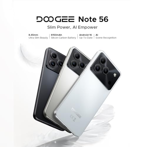 DOOGEE Note 56 SIM-Free & Unlocked Mobile Phones 2026 - Android 16, 6150mAh Battery Phone, 6.56" 90Hz Display Smartphone, 24GB+64GB/2TB, 3.5mm Headphone Jack, 4G Dual Sim/Face Unlock/GPS/5G WiFi-Black