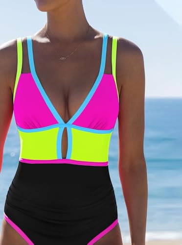 Image of popvil Women One Piece Swimsuit 2026 Tummy Control Sexy Cutout Neon Color Block Bathing Suit Slimming Adjustable Swimwear