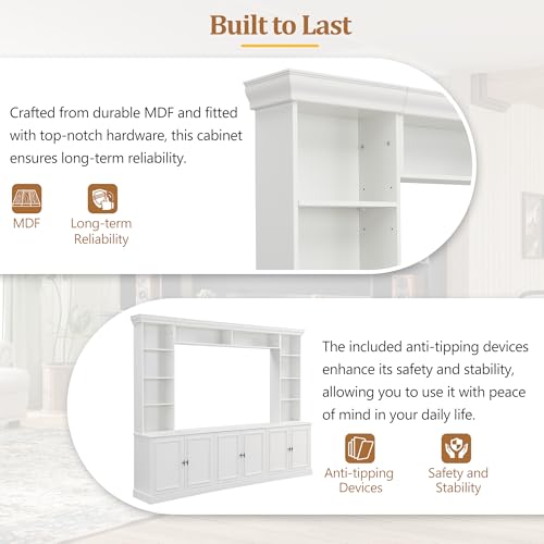 Image of JIJIWANG 97.4 inch W 4-Piece Wall Unit Entertainment Center with Bookshelf for TVs Up to 70 inch, Mid-Century Media Console TV Stand with Adjustable Shelf, Storage Cabinet and Bridge for Living Room, White