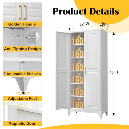 Image of SteeLoong 75 inchMetal Pantry Storage Cabinet with Doors & 5 Adjustable Shelves