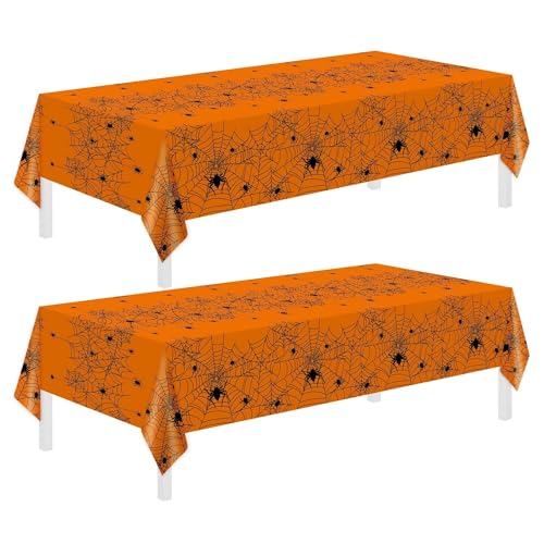 Image of Halloween Tablecloth,2 Pack Disposable Plastic Tablecloth 54 inchx108 inch Halloween Decorations,Orange Table Cloth for Birthday Decors,Spider Web Table Cover,Party Supplies for Indoor or Outside,Home,Dinner