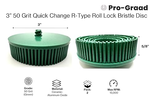 Image of 2 Pack 3 inch 50 Grit Green R-Type Bristle Disc | Ceramic-Aluminum Oxide Abrasive Bristle Disc with Quick Change Roll Lock | Pack of 2 | Green