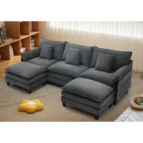 Image of Cloud Couch, 106 inch Modular Sectional Sofa with Movable Ottoman, U Shaped Modern Sofa with Pillows, Deep Seat Couches for Living Room, Bedroom and Apartment, Comfy Couch, Grey