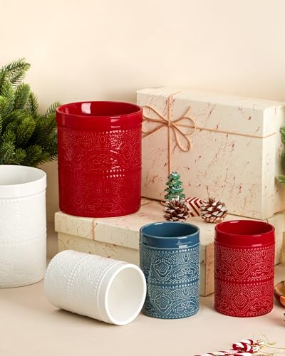 Image of FUN ELEMENTS Kitchen Utensil Holder, 7.2+5.5 inch Super Large Utensil Crock Heavy and Stable Lace Emboss Ceramic Utensil Holder for Kitchen Counter (2Pcs Christmas Red)