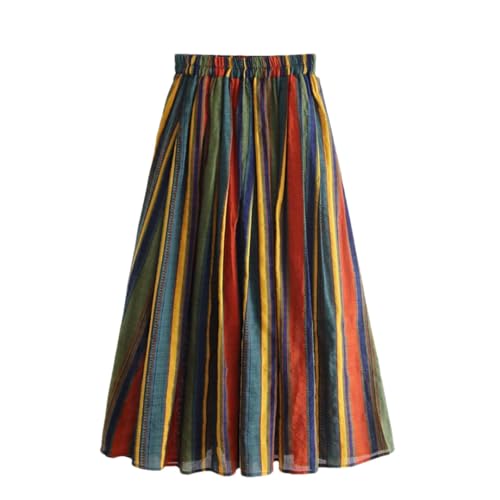 Women Midi Skirt High Waist Colorful Striped Longo Elegant Vintage Cotton Linen Skirts