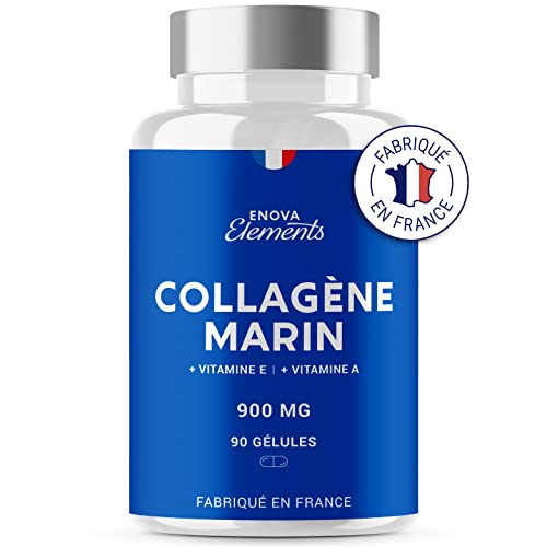 COLLAGENE MARIN PUR + Vitamine A et E |TYPE I et III Biodisponible| SPECIAL PEAU, ANTI-RIDES, ARTICULATIONS | 900 MG | 90 gélules | Complement alimentaire | Fabriqué en France