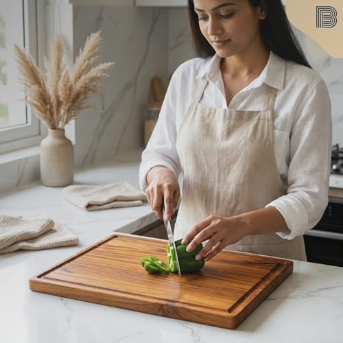 Image of Large Teakwood Chopping Board for Kitchen | Non-Slip Ribber Feet | Vegetables, Meat, Cheese, Prep and Serve | Food Grade Finish with Mineral Oil and Beeswax | 1 Year Warranty