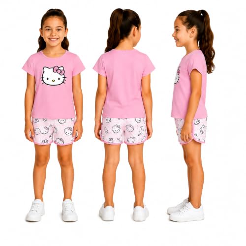 Image of Hello Kitty Girls Short Set - 2 Piece Short Sleeve Graphic Tee and Shorts Clothing Outfits (Sizes: 2T-12)
