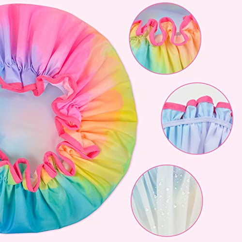Olypegic Kids Shower Cap, 3 Pcs Girls Shower Cap for Kids Reusable Waterproof Adjustable Large Hair Cap Unicorn Tie Dye Cute Hair Cover Hat