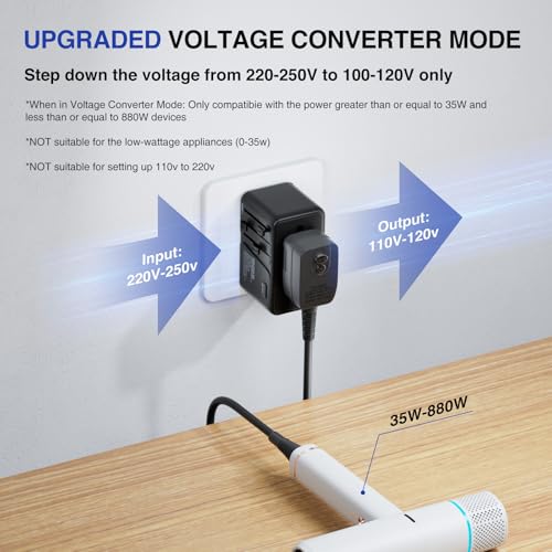 DAILYLIFE 220V to 110V Converter, Travel Adapter US to Europe - Power Converter Adapter Combo with 3 USB C and 1 USB A for US/UK/EU/AU, (1 Pack) - Black - Thumbnail 2