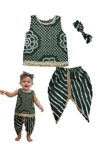 Image of The Root And Craft Kids Birthday Photoshoot Outfit Dress Girls Bandhani printed Top With Dhoti pant & Hairband Born Baby Photography Photoshoot Props(0to 18 Month)