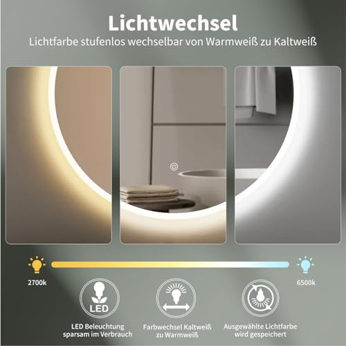 HOKO LED-Badspiegel rund 60 cm, mit Touch-Schalter & Farbwechsel, IP44 – Ansicht 2