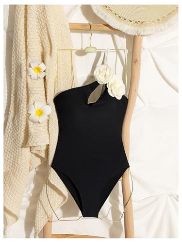SHENHE Women's Cut Out One Piece Swimsuit 3D Floral One Shoulder Tummy Control Bathing Suits4
