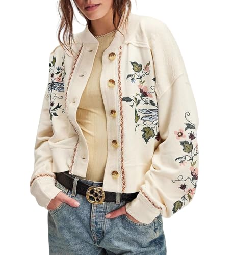 loveimgs Women Chunky Knit Cardigan Embroidered Button Up Cardigan Sweaters Cropped Jacket Collarless Fall Outfits 2025