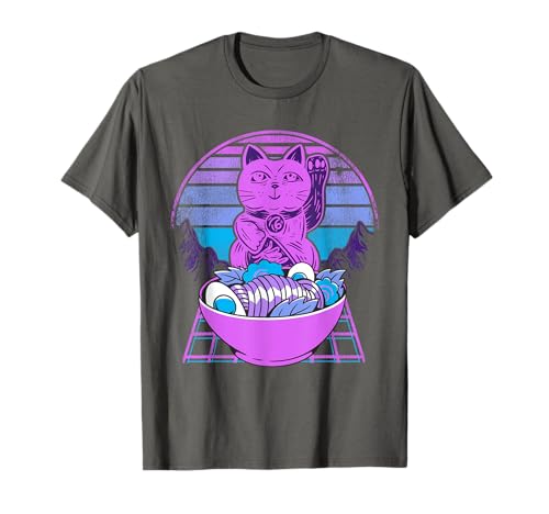 Ramen Maneki Cat Neko Kawaii Retrowave Puesta de sol 80s Vaporwave Camiseta