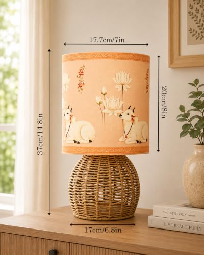 Image of Homesake Handwoven Rattan Table Lamp with Pichwai Art Printed Fabric Shade, Decorative Raffia Cane Bedside Lamp, Boho Table Lamp with E27 Holder & Bulb Included, Living Room, Bedroom & Home Decor