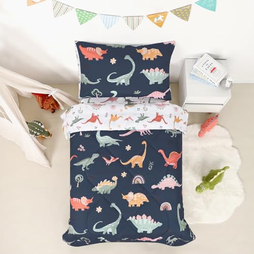 Toddler Bedding Set for Boys, 4 Piece Toddler Boy Bedding, Super Soft Crib Comforter Set Includes Comforter, Flat Sheet, Fitted Sheet, Pillowcase (Blue Dinosaur)