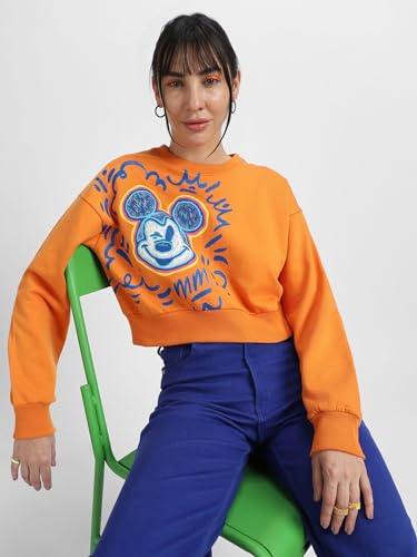 Image of JUNEBERRY Cotton Poly Fleece Official Disney Merchandise Regular Fit Orange & Green Mickey Mouse See Ya Real Soon Graphic Print Full Sleeve Sweatshirt for Women