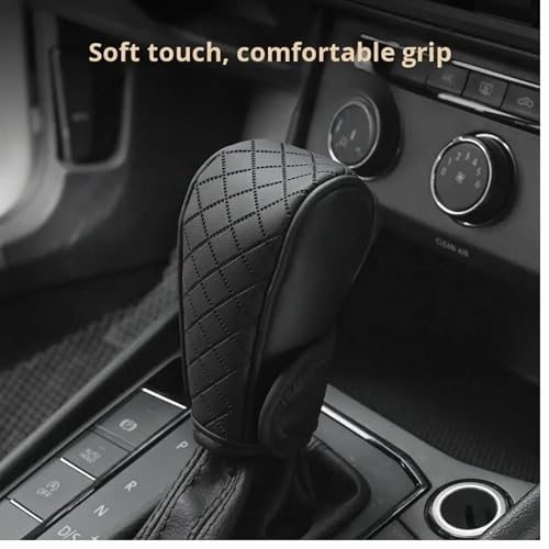 Image of DETACHI Car Gear Knob Cover Premium PU Leather Black Non Slip Waterproof Gear Shift Protector Universal Fit for Cars SUVs Trucks Durable Diamond Design Handbrake Cover Stylish Car Interior Accessory