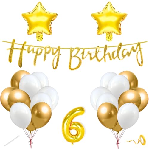 Image of Flyloons 6th Happy Birthday Decoration Kit Gold White for Boys Girls Kids Twins Men Women With 20 Pcs Chrome Balloons Birthday Banner 2 Pcs Star Items Set Golden