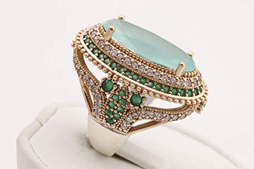 Turkish Handmade Jewelry Long Oval Shape Aquamarine And Round Cut Emerald Topaz 925 Sterling Silver Ring Size All #TOP6
