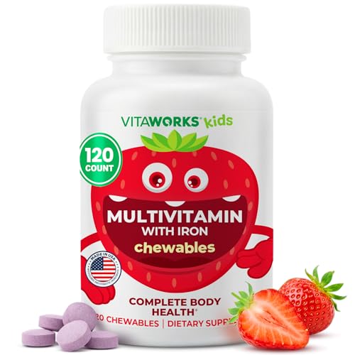 VitaWorks Kids Multivitamin with Iron & Minerals Chewable Tablets - Mixed Fruit Flavor - Vegetarian, GMO-Free, Nut Free - Dietary Supplement - Digestive Support for Children - 120 Chewables',