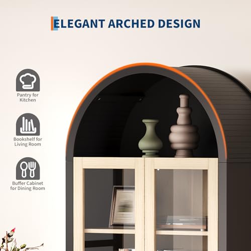 Image of Garvee 71 inch Arched Cabinet with Glass Doors, Modern Tall Kitchen Pantry Storage with Adjustable Shelves, Wood Display Bookcase for Living Room, Dining Room