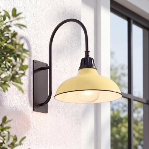 Image of JONATHAN Y 12.25 inch Matte Yellow /Black 1-Light Farmhouse Gooseneck Outdoor Wall Sconce Lamp, with Black Metal Bowl Shade, Industrial Iron LED Porch Light for Patio Garage Entryway (JYL7614H)