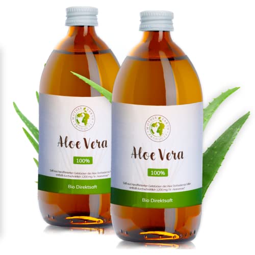 Mother Earth Products | Jugo directo 100% orgánico de aloe vera sin aditivos | Gel interior puro de la hoja de aloe vera para beber | 1200 mg/l Aloverose | 2 x 500 ml