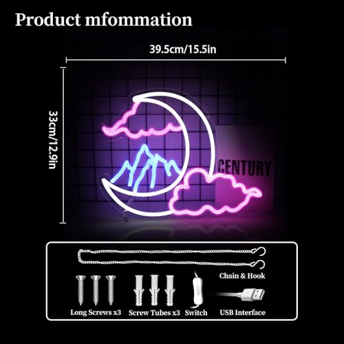 Image of Cloud Moon Mountain Neon Sign Led Neon Lights Neon Signs for Wall Decor Light Up Sign for Birthday Party Club Gift