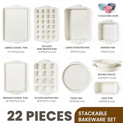 Kikcoin 22 PCS Nonstick Baking Pans Set, Stackable Bakeware Sets with Silicone Handles, 450°F Oven Safe Baking Sheet Set, Easy Release Cookie Sheets for Baking, Cream - Image 3