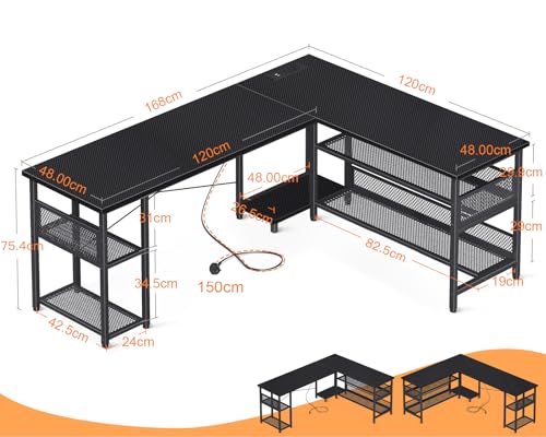 ODK L Shaped Gaming Desk, 168 X 120 cm Reversible Computer Desk with 2 Sockets and 2 USB Charging Ports, Corner Desks with Storage, Gaming Table Carbon Fiber Black - Image 4